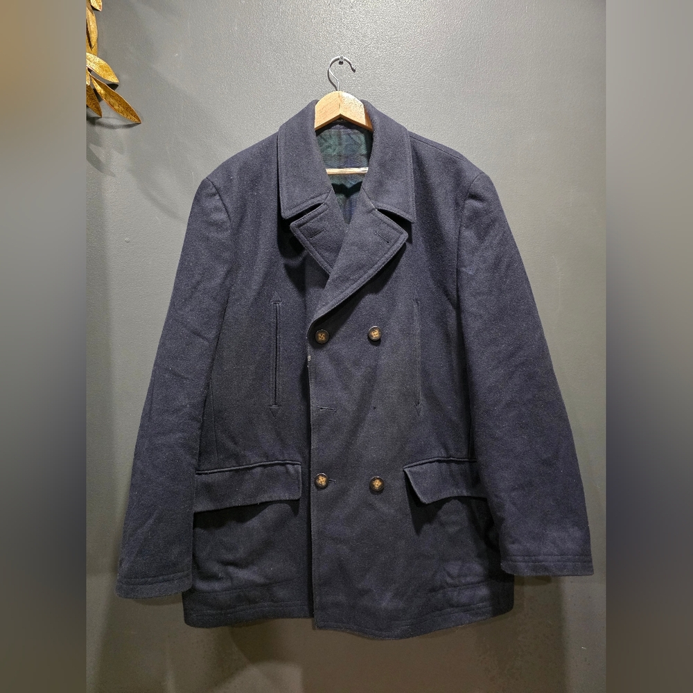 RALPH LAUREN DOUBLE BREASTED TARTAN LINED MENS BLUE WOOL BLEND PEACOAT SIZE 48R